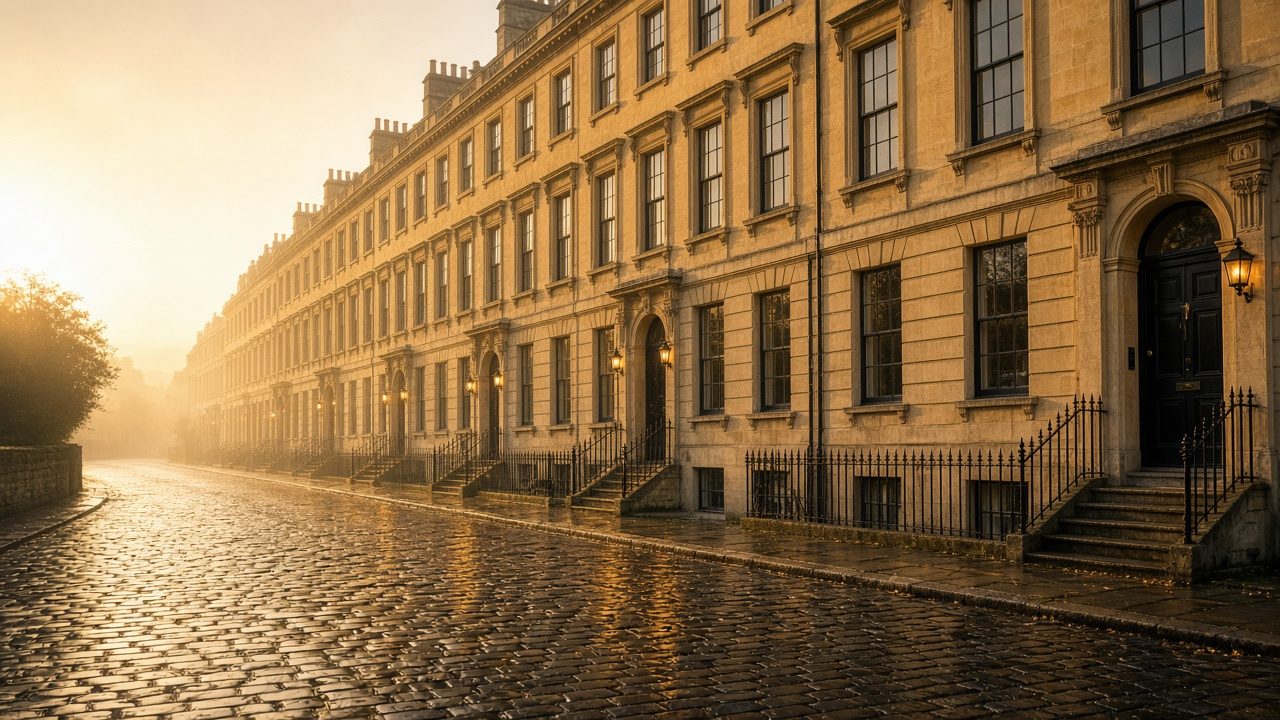 Warm evening light on classic UK residential terraces